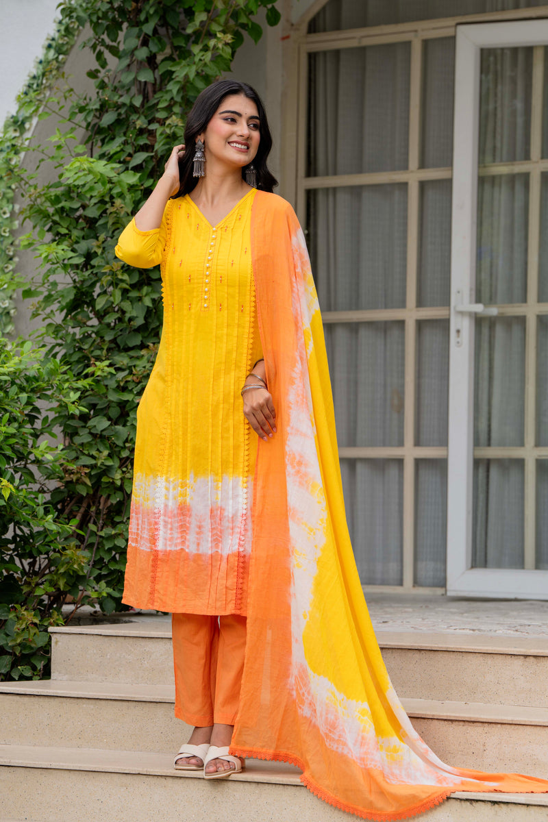 Women Tie& Dye Cotton Straight Shape Kurta , Pant With Dupatta