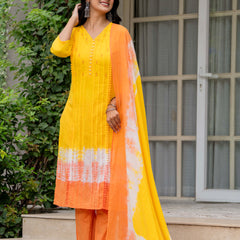 Women Tie& Dye Cotton Straight Shape Kurta , Pant With Dupatta