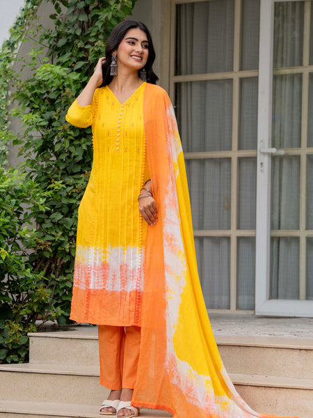 Women Tie& Dye Cotton Straight Shape Kurta , Pant With Dupatta