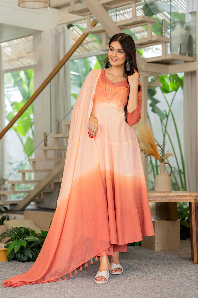 Women Tie& dye Cotton Anarkali Shape Kurta, Pant With Dupatta