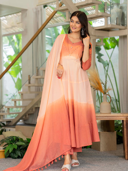 Women Tie& dye Cotton Anarkali Shape Kurta, Pant With Dupatta