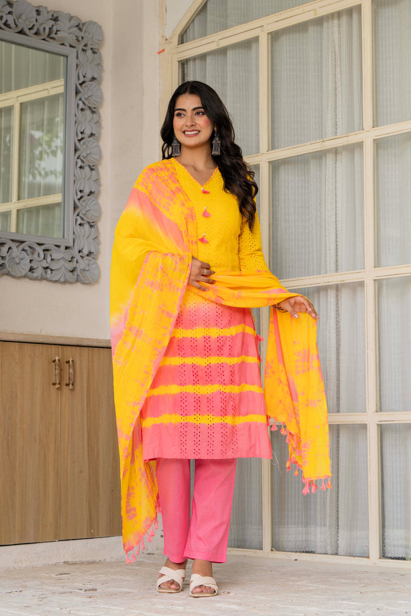 Women Tie& Dye Cotton Straight Shape Kurta , Pant With Dupatta