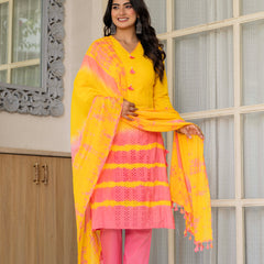 Women Tie& Dye Cotton Straight Shape Kurta , Pant With Dupatta