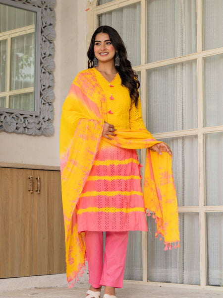 Women Tie& Dye Cotton Straight Shape Kurta , Pant With Dupatta