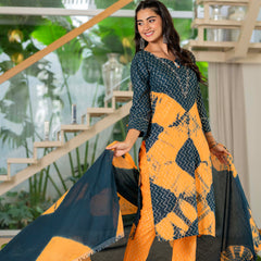 Women Tie& Dye Cotton Lapet Straight Shape Kurta , Pant With Dupatta