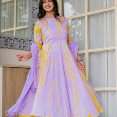 Women Tie& dye Mulcotton Anarkali Shape Kurta, Pant With Dupatta
