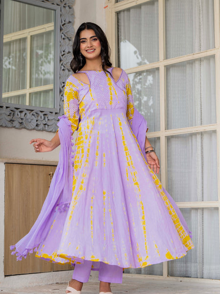 Women Tie& dye Mulcotton Anarkali Shape Kurta, Pant With Dupatta