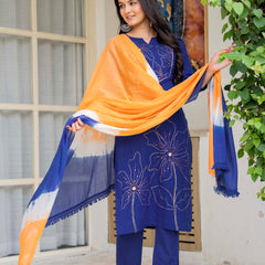 Women Blue Manual Embroiderey Straight Shape Kurta , Pant With Dupatta