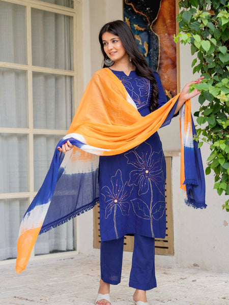Women Blue Manual Embroiderey Straight Shape Kurta , Pant With Dupatta