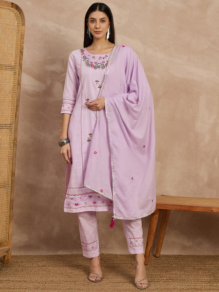 Cotton Schiffli Thread Work Kurta Pant  and  Dupatta