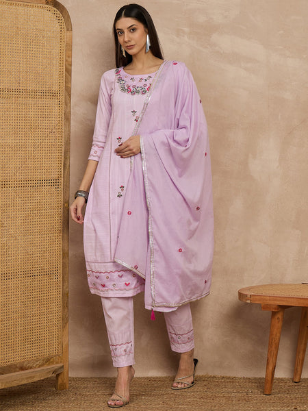 Cotton Schiffli Thread Work Kurta Pant  and  Dupatta