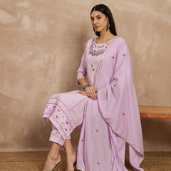 Cotton Schiffli Thread Work Kurta Pant  and  Dupatta