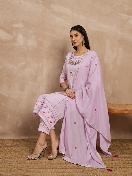 Cotton Schiffli Thread Work Kurta Pant  and  Dupatta