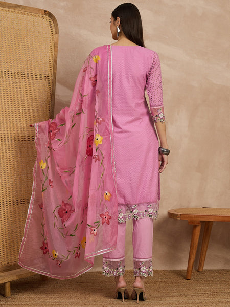 Cotton Schiffli Embroidered Work Kurta, Pant  and  Dupatta