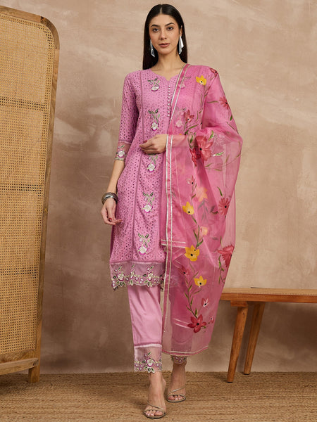 Cotton Schiffli Embroidered Work Kurta, Pant  and  Dupatta