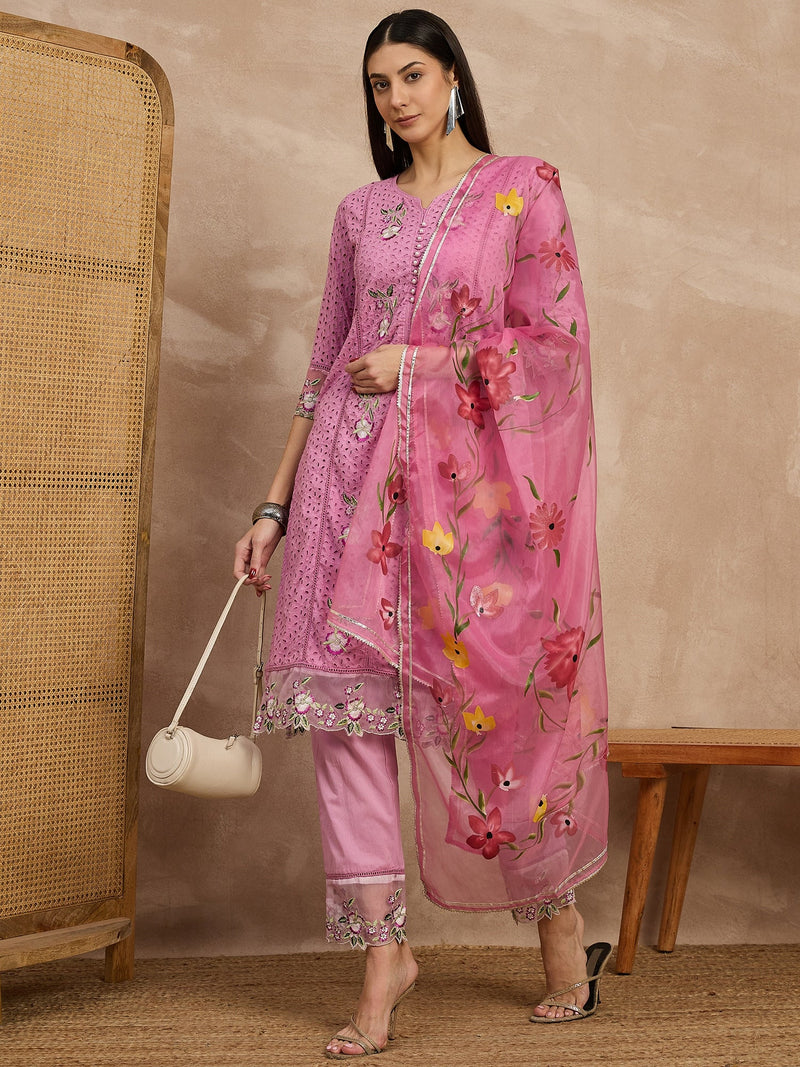 Cotton Schiffli Embroidered Work Kurta, Pant  and  Dupatta