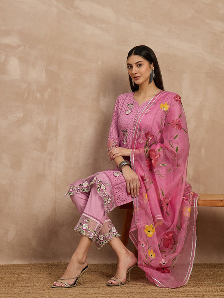 Cotton Schiffli Embroidered Work Kurta, Pant  and  Dupatta