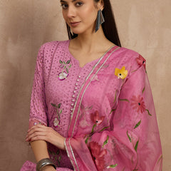 Cotton Schiffli Embroidered Work Kurta, Pant  and  Dupatta