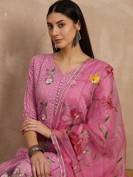 Cotton Schiffli Embroidered Work Kurta, Pant  and  Dupatta