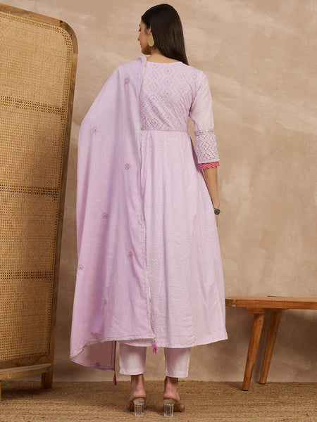 Cotton Schiffli Thread  and  Mirror Work Kurta,Pant  and  Dupatta
