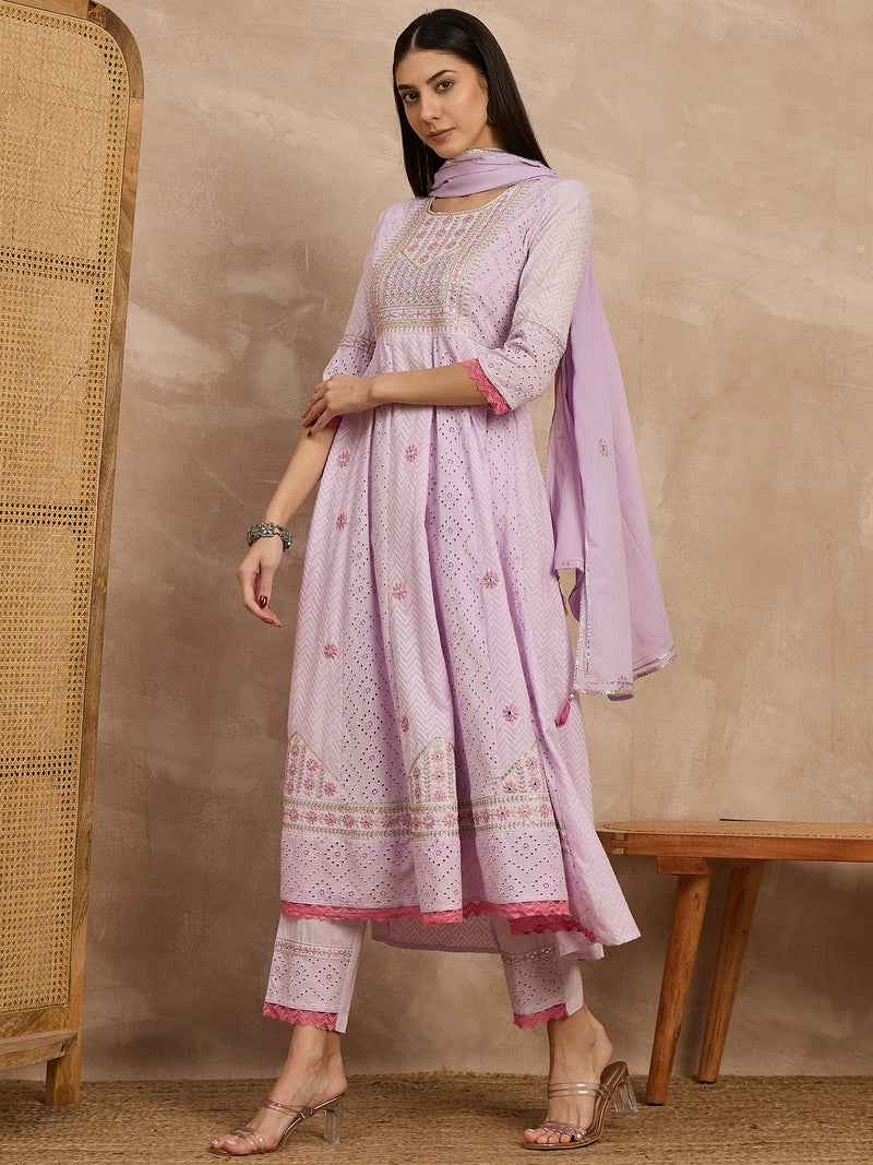 Cotton Schiffli Thread  and  Mirror Work Kurta,Pant  and  Dupatta