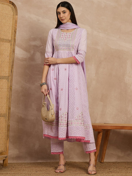Cotton Schiffli Thread  and  Mirror Work Kurta,Pant  and  Dupatta