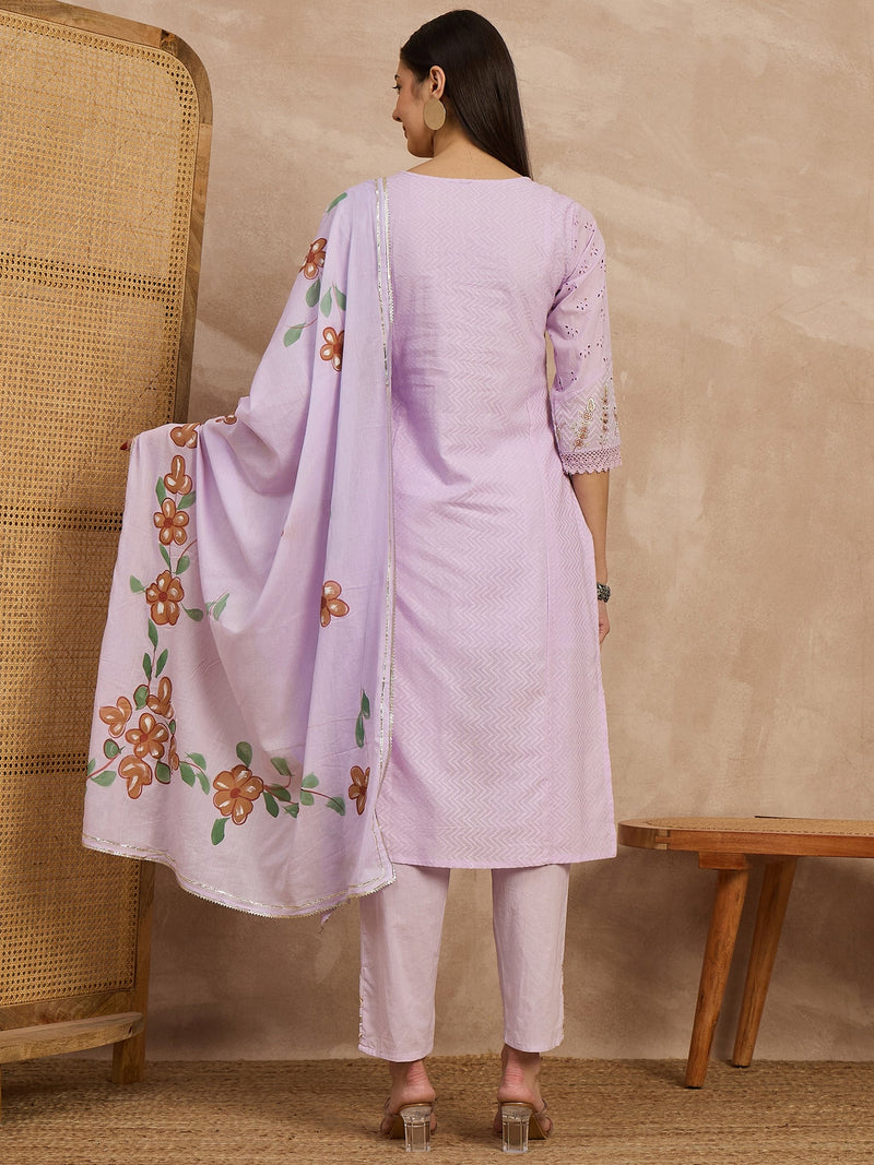 Cotton Schiffli Embroidered Kurta Pant  and  Dupatta