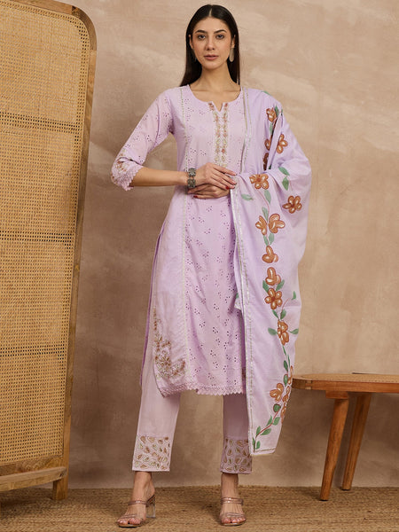 Cotton Schiffli Embroidered Kurta Pant  and  Dupatta
