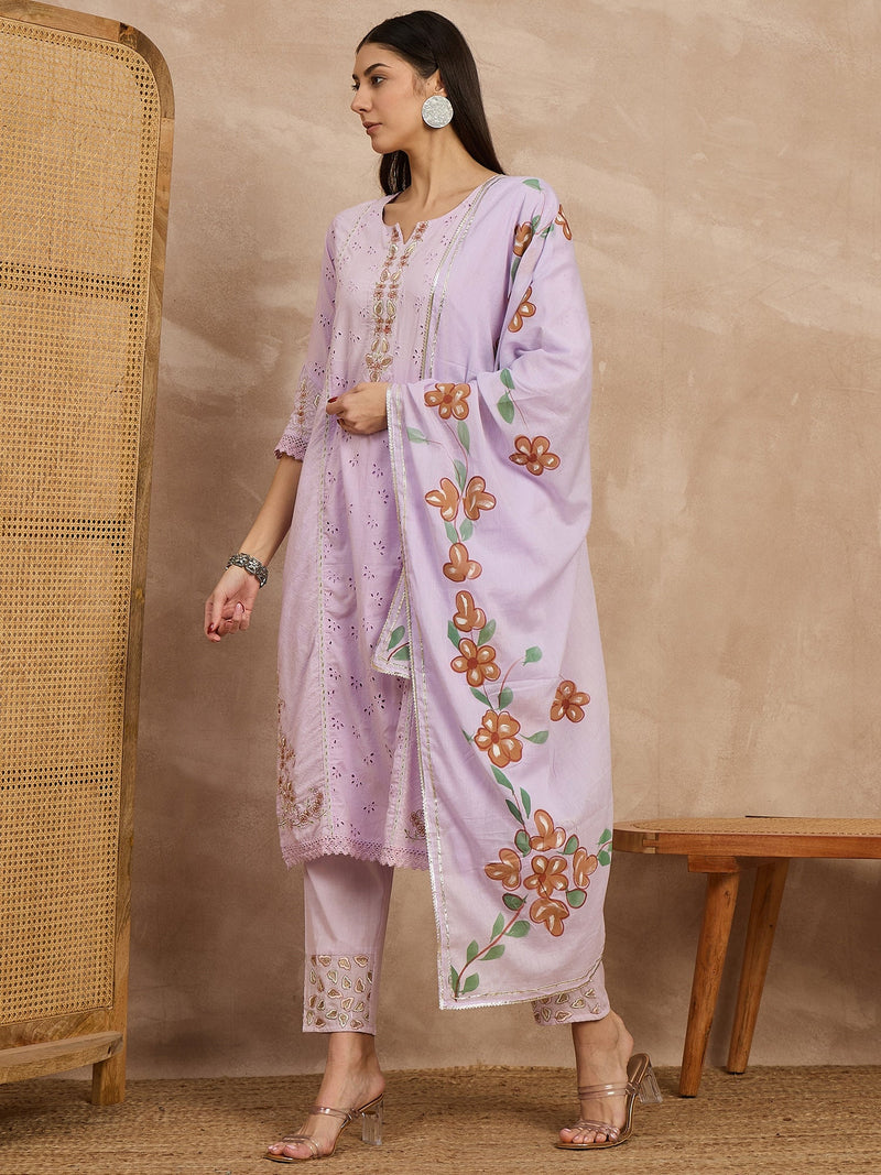 Cotton Schiffli Embroidered Kurta Pant  and  Dupatta