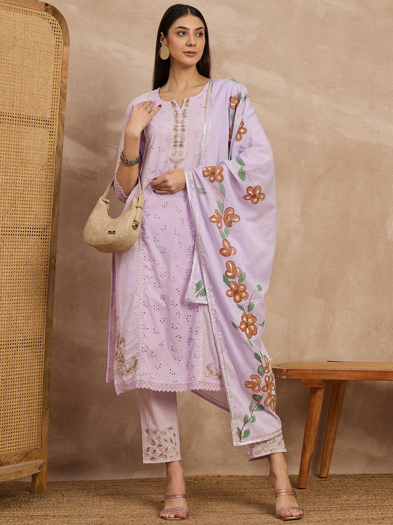 Cotton Schiffli Embroidered Kurta Pant  and  Dupatta