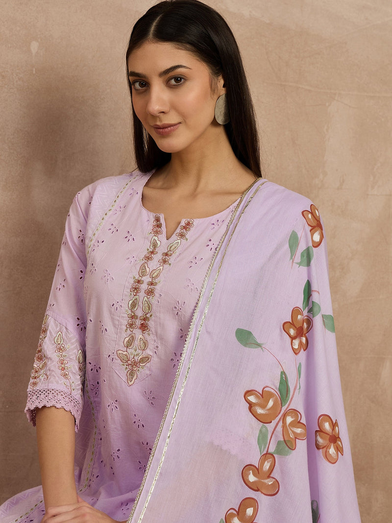 Cotton Schiffli Embroidered Kurta Pant  and  Dupatta