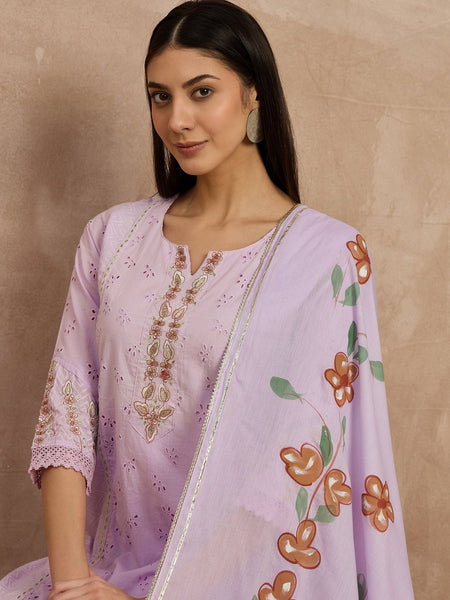 Cotton Schiffli Embroidered Kurta Pant  and  Dupatta