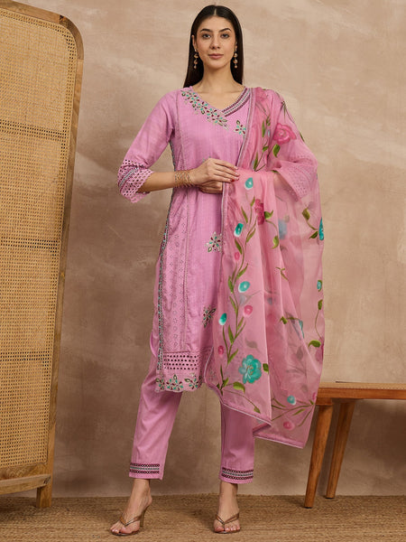 Cotton Schiffli Mirror Work Kurta Pant  and  Dupatta