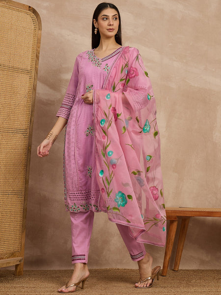 Cotton Schiffli Mirror Work Kurta Pant  and  Dupatta
