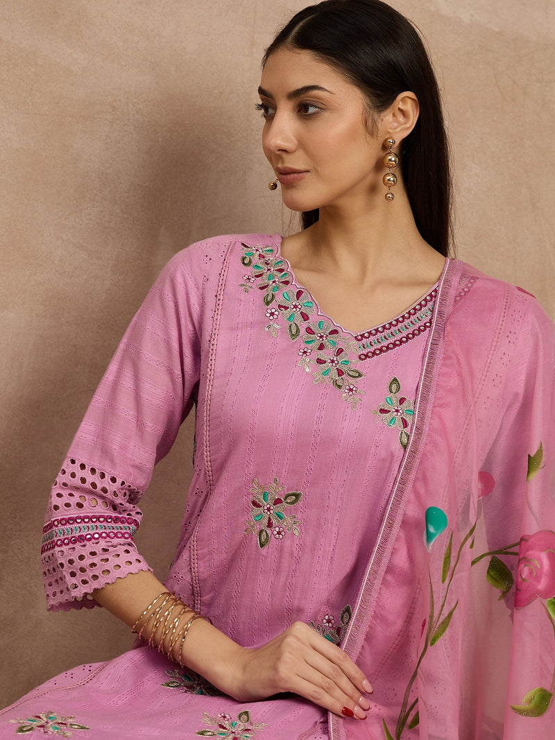 Cotton Schiffli Mirror Work Kurta Pant  and  Dupatta