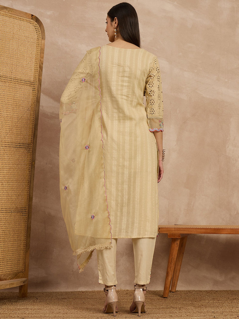 Cotton Schiffli Thread Work Kurta Pant and Dupatta