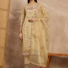 Cotton Schiffli Thread Work Kurta Pant and Dupatta