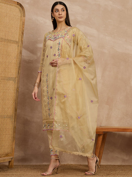 Cotton Schiffli Thread Work Kurta Pant and Dupatta