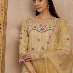 Cotton Schiffli Thread Work Kurta Pant and Dupatta