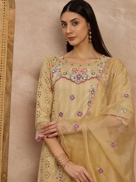 Cotton Schiffli Thread Work Kurta Pant and Dupatta