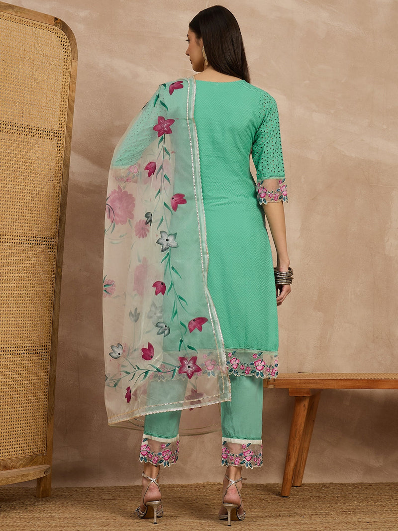 Cotton Schiffli Embroidered Work Kurta, Pant  and  Dupatta