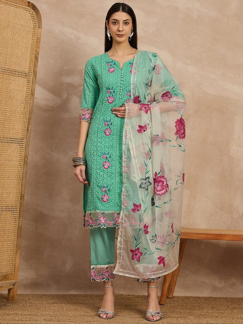 Cotton Schiffli Embroidered Work Kurta, Pant  and  Dupatta