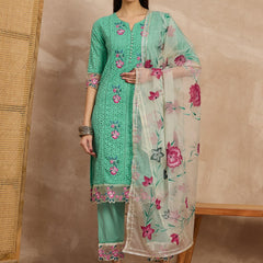 Cotton Schiffli Embroidered Work Kurta, Pant  and  Dupatta