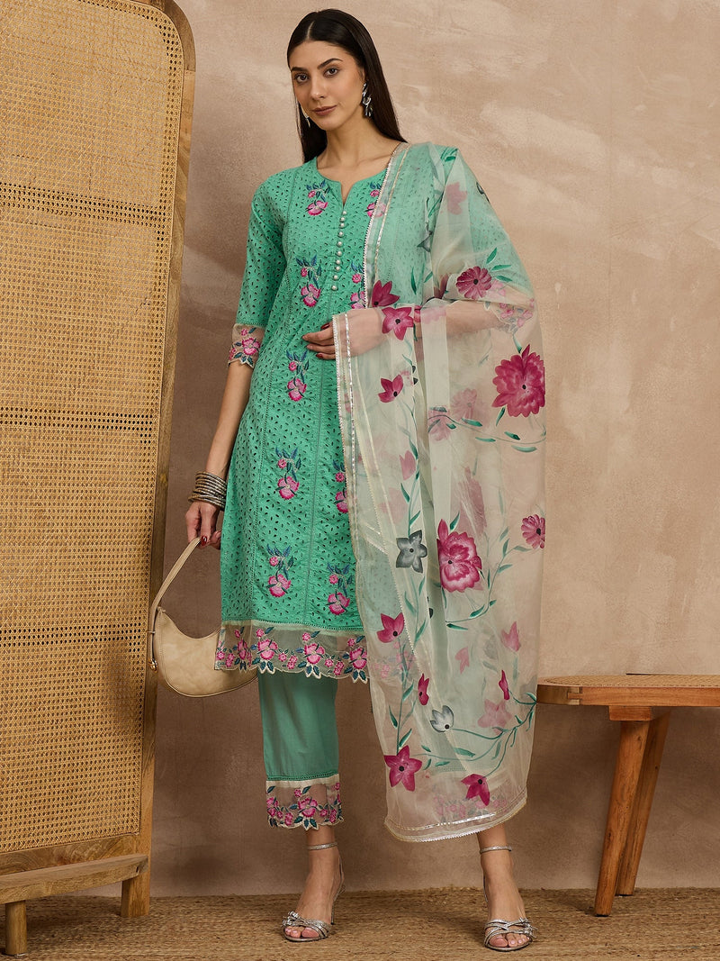 Cotton Schiffli Embroidered Work Kurta, Pant  and  Dupatta