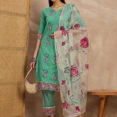 Cotton Schiffli Embroidered Work Kurta, Pant  and  Dupatta