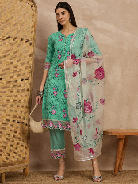 Cotton Schiffli Embroidered Work Kurta, Pant  and  Dupatta
