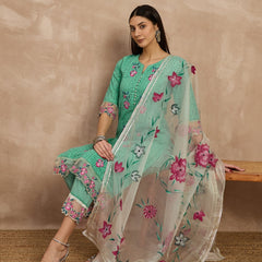 Cotton Schiffli Embroidered Work Kurta, Pant  and  Dupatta