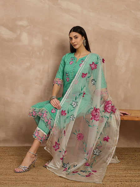 Cotton Schiffli Embroidered Work Kurta, Pant  and  Dupatta