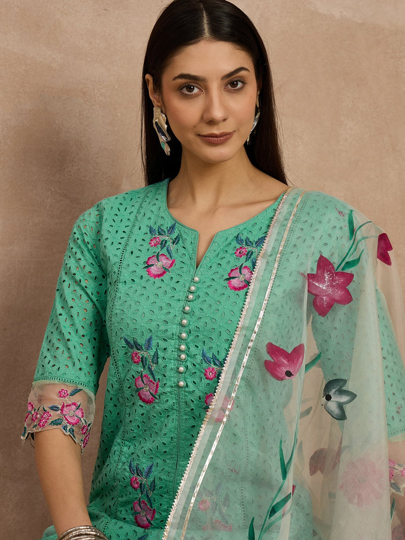 Cotton Schiffli Embroidered Work Kurta, Pant  and  Dupatta