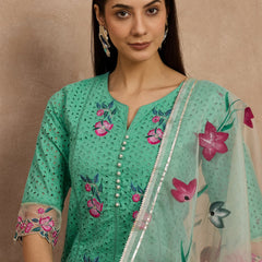 Cotton Schiffli Embroidered Work Kurta, Pant  and  Dupatta